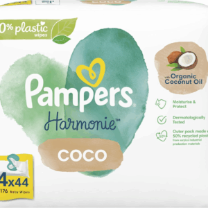 Pampers Harmonie Coco Baby Wipes Plastic Free 4 Packs = 176 Wipes