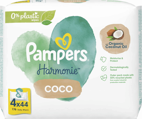 Pampers Harmonie Coco Baby Wipes Plastic Free 4 Packs = 176 Wipes